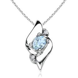 Shell Style Oval Aquamarine and Diamond Pendant Necklace in Silver (4x3mm Aquamarine)