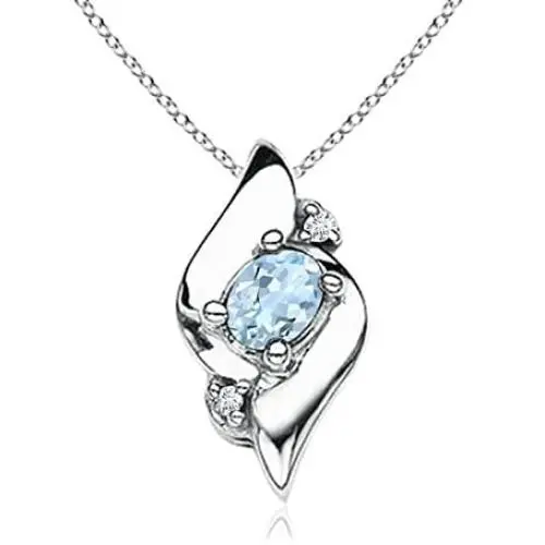 Shell Style Oval Aquamarine and Diamond Pendant Necklace in Silver (4x3mm Aquamarine) Shell Style Oval Aquamarine and Diamond Pendant Necklace in Silver (4x3mm Aquamarine)