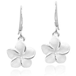 Tropical Satin Shine Hawaiian Plumeria Flower .925 Sterling Silver Dangle Earrings