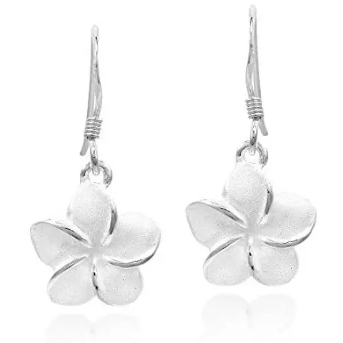 Tropical Satin Shine Hawaiian Plumeria Flower .925 Sterling Silver Dangle Earrings Tropical Satin Shine Hawaiian Plumeria Flower .925 Sterling Silver Dangle Earrings