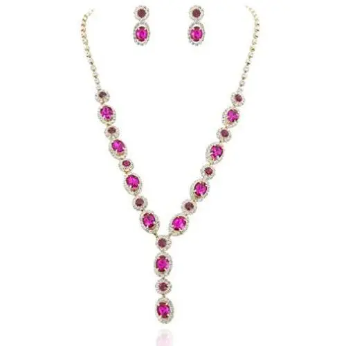 SP Sophia Collection Fancy Fashion Statement Womens Double Halo Y Oval Drop Necklace and Stud Post Dangle Earrings Set SP Sophia Collection Fancy Fashion Statement Womens Double Halo Y Oval Drop Necklace and Stud Post Dangle Earrings Set