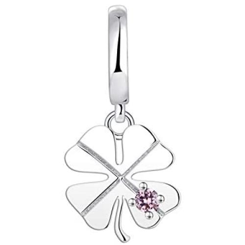 JO WISDOM 925 Sterling Silver Lucky 4 Leaf Clover Charm Dangle Bead with 3A Cubic Zirconia for Bracelet for Women Girls,Hole Size:5.2MM