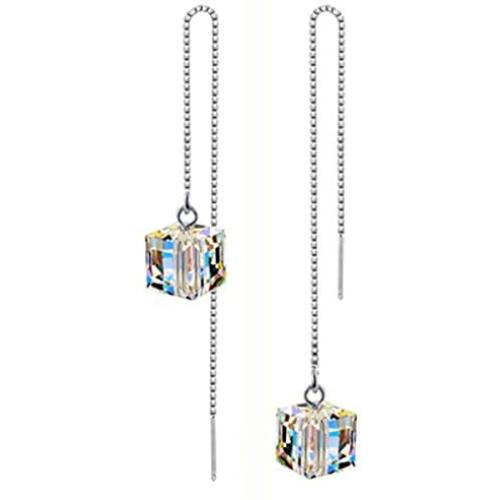 SLUYNZ 925 Sterling Silver Dangle Earrings Chain for Women Teen Girls Dream Catcher Threader Earrings Crystal Drop Earrings (CZ Crystal Dangle)