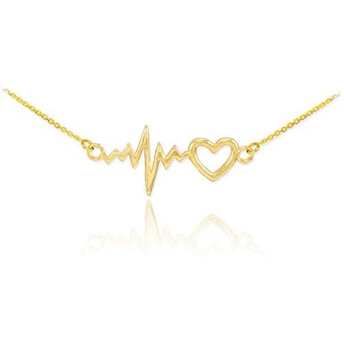 14k Yellow Gold Lifeline Pulse Heartbeat Charm Open Heart Pendant Necklace