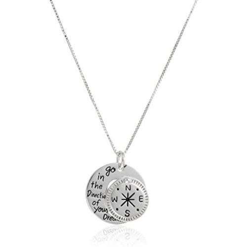 Sterling Silver ''Go in the Direction Of Your Dreams'' with Compass Pendant Necklace, 18''