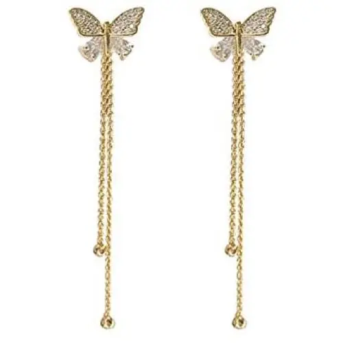 YUNXI Butterfly Tassel Earring Gold Long Hoop Chain Drop Dangle Hook Vintage Cute Shell Crystal Earring Valentine Jewelry for Women Girl