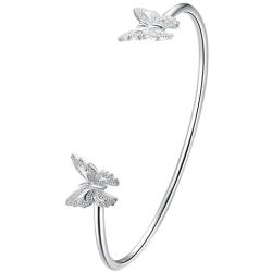 Greendou Fashion Jewelry 925 Sterling Silver Plated Double Butterflies Open Cuff Bangle Bracelet for Women and Girls