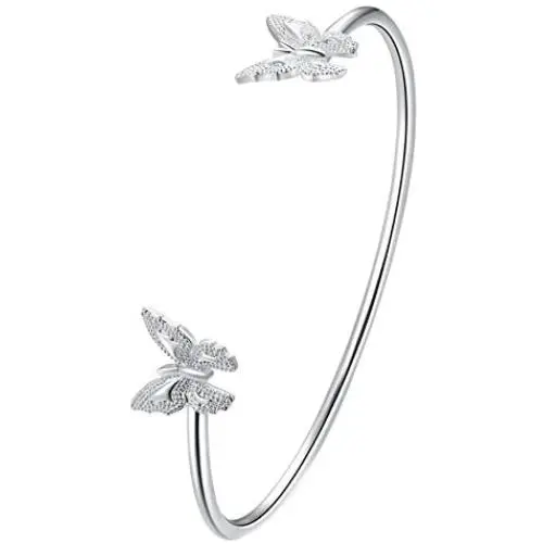 Greendou Fashion Jewelry 925 Sterling Silver Plated Double Butterflies Open Cuff Bangle Bracelet for Women and Girls Greendou Fashion Jewelry 925 Sterling Silver Plated Double Butterflies Open Cuff Bangle Bracelet for Women and Girls