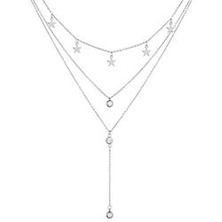 WangGao Stainless Steel Choker Necklaces Handmade Y Shape Tassel Star Crystal Long Pendant Multilayer Necklaces 3 Layer Chain Necklaces Set for Women Girls