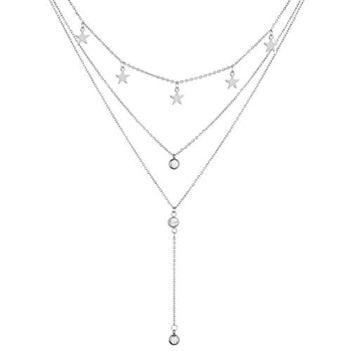 WangGao Stainless Steel Choker Necklaces Handmade Y Shape Tassel Star Crystal Long Pendant Multilayer Necklaces 3 Layer Chain Necklaces Set for Women Girls
