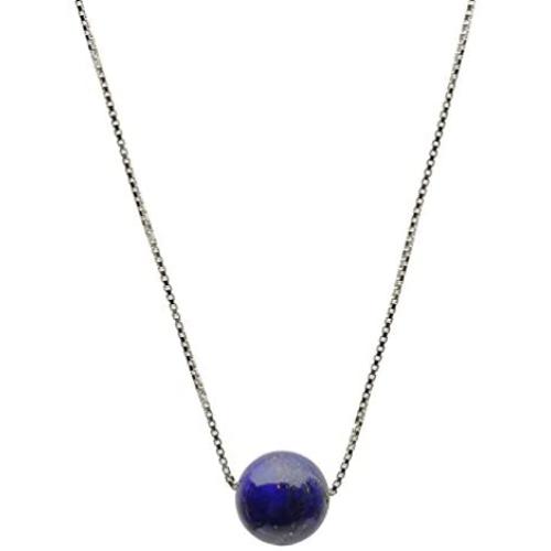 Round 10mm Blue Lapis Stone Station Sterling Silver Box Chain Necklace Adjustable
