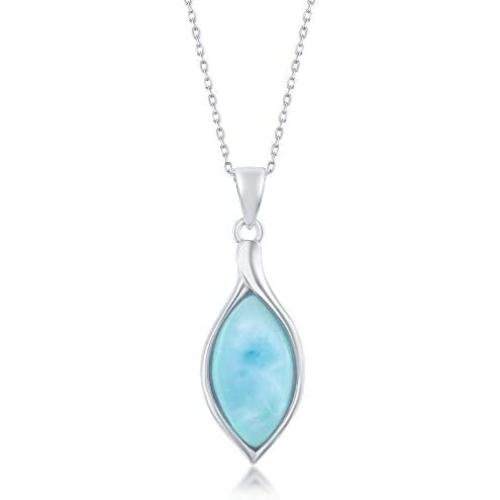 Natural Larimar Stone Sterling Silver Pendant Necklace Marquise Shape with 18'' Silver Chain Dainty Necklace for Women