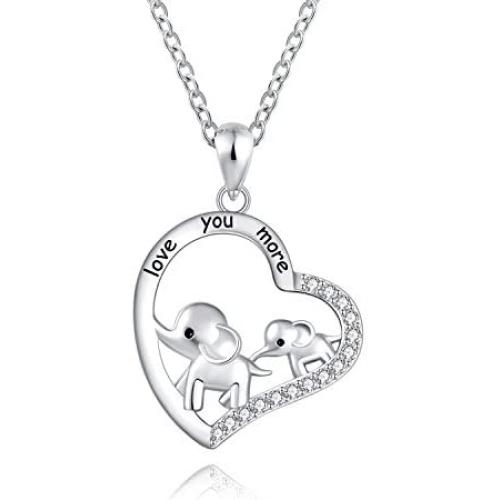 925 Sterling Silver Mother Daughter Jewelry Elephant Heart Pendant Necklace Engraved love you more for Women Girls