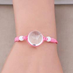 FAADBUK Real Dandelion Handmade Rope Bracelet Crystal Clear Glass Charm Dandelion Pendant Bracelet Make A Wish Dandelion Jewelry for Girl Women
