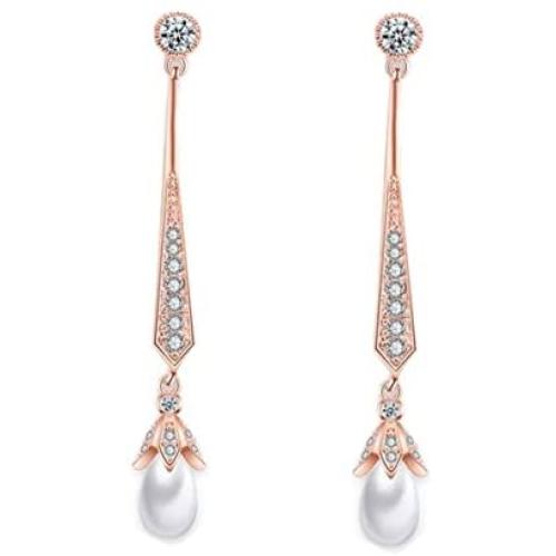 Scarlvambo Womens Simulated Pearl Cubic Zirconia Chandelier Pierced Dangle Bride Earrings