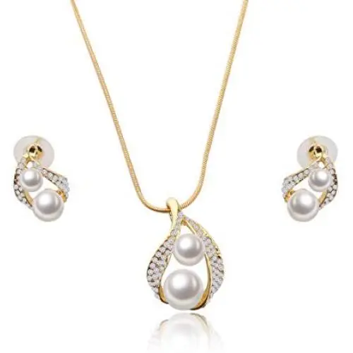 CENWA Water Drop Earring Necklace Set Water Drop Pearl Golden Zirconia Jewelry Bride Wedding Jewelry Maid of Honor Bridesmaid Wedding Gift