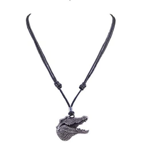 BlueRica Gator Head Pendant on Adjustable Black Rope Cord Necklace (Old Silver)