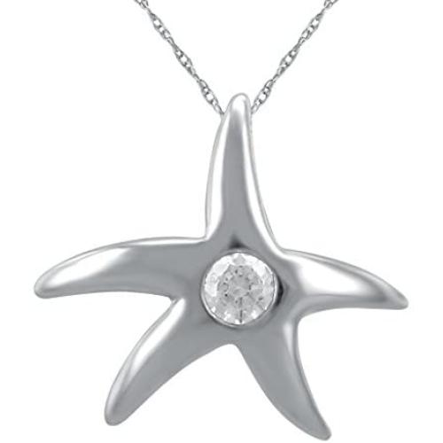 Star Shaped Necklace in Sterling Silver and Natural diamonds (CTTW 0.10, Color H-I, Clarity I2 I3) with Chain for Women and Girls