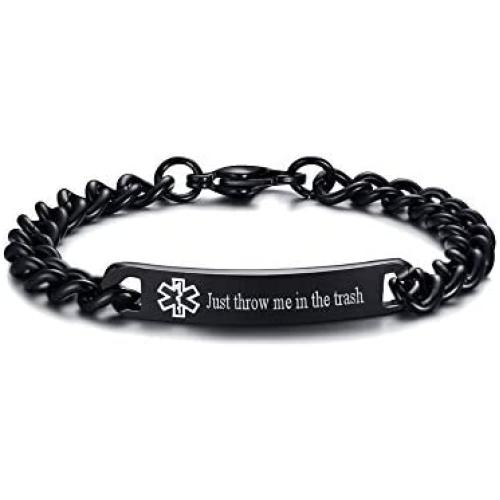 VNOX When Im Dead Just Throw Me in The Trash Black Mens Womens 8MM Stainless Steel ID Tag Medical Alert Emergency Bracelet
