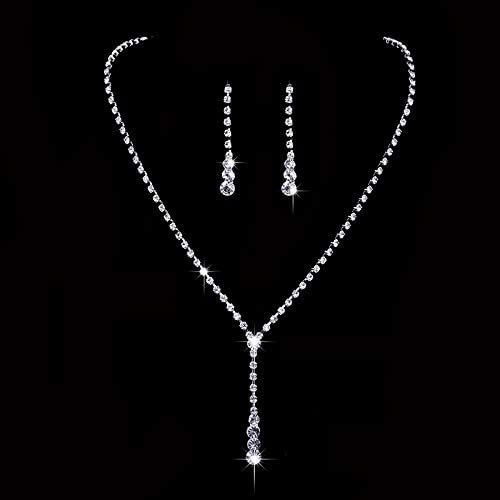 Unicra Bride Silver Bridal Necklace Earrings Set Crystal Wedding Jewelry Set Rhinestone Choker Necklace for Women and Girls (3 piece set - 2 earrings and 1 necklace)(NK070-2)