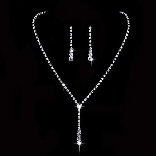 Unicra Bride Silver Bridal Necklace Earrings Set Crystal Wedding Jewelry Set Rhinestone Choker Necklace for Women and Girls (3 piece set - 2 earrings and 1 necklace)(NK070-2)