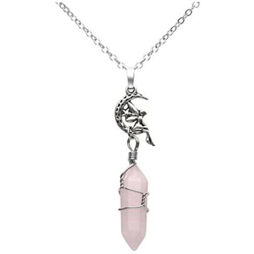 Jovivi Silver Fairy/Flower Rose Quartz Crystal Gemstone Hexagonal Healing Point Chakra Pendant Necklace 24''