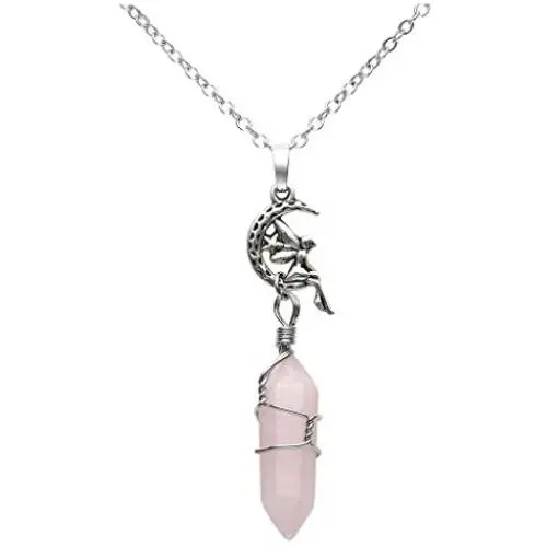 Jovivi Silver Fairy/Flower Rose Quartz Crystal Gemstone Hexagonal Healing Point Chakra Pendant Necklace 24'' Jovivi Silver Fairy/Flower Rose Quartz Crystal Gemstone Hexagonal Healing Point Chakra Pendant Necklace 24''