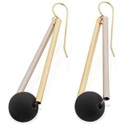 NIEVOS JEWELRY Gold Plated Earring 24k Gold Plated And 925 Geometric Earring With Black Ball Bead. Geometric Style Gift Jewelry Handmade For Her Designer Made By Women Love