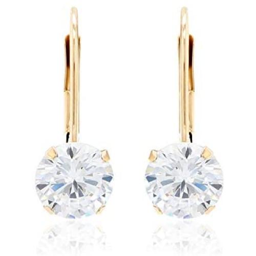 Quality Jewels 14k Gold Earrings, Yellow Gold Dangle Earrings with Round Cubic Zirconia Stone and Easy-to-Use Secure Leverback Clasp