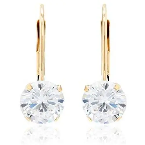 Quality Jewels 14k Gold Earrings, Yellow Gold Dangle Earrings with Round Cubic Zirconia Stone and Easy-to-Use Secure Leverback Clasp Quality Jewels 14k Gold Earrings, Yellow Gold Dangle Earrings with Round Cubic Zirconia Stone and Easy-to-Use Secure Leverback Clasp