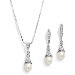 Mariell Wedding Necklace & Earrings CZ Jewelry Set with Dainty Freshwater Pearl for Bridesmaids & Brides