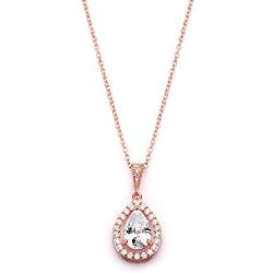 Mariell CZ Bridal Necklace Pendant with Pave Frame Halo and Pear-Shaped Teardrop 14K Rose Gold Plating
