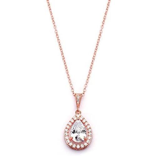 Mariell CZ Bridal Necklace Pendant with Pave Frame Halo and Pear-Shaped Teardrop 14K Rose Gold Plating
