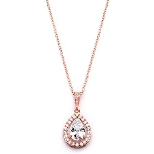 Mariell CZ Bridal Necklace Pendant with Pave Frame Halo and Pear-Shaped Teardrop 14K Rose Gold Plating