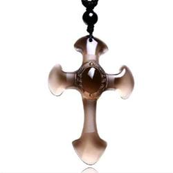DUOVEKT Natural Ice Obsidian Cross Amulet Pendant Necklace for Women Men Hand Carved Stone Beads Chain Jewelry