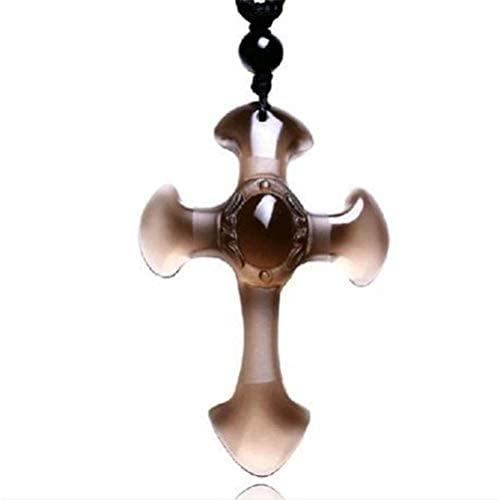 DUOVEKT Natural Ice Obsidian Cross Amulet Pendant Necklace for Women Men Hand Carved Stone Beads Chain Jewelry