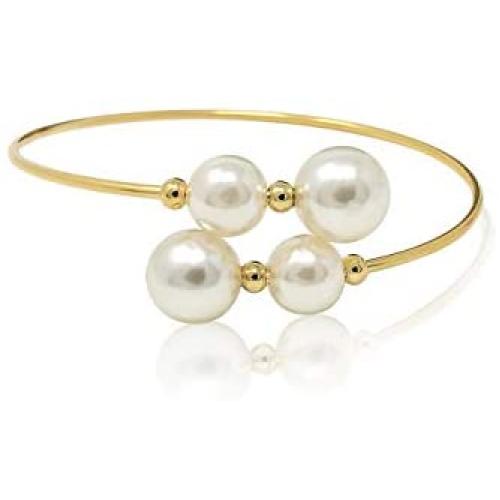 Lura Pearl Bangle: 24K Gold Plated Stainless Steel Shell Pearl Bangle Bracelet
