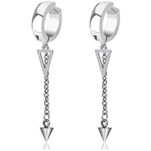 Fusamk Punk Rock Stainless Steel Triangle Ear Clip Earrings Spike Long Chain Dangle Earrings