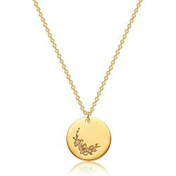 Mevecco Birth Flower Necklace 18k Gold Engraved Custom Floral Pendant Necklaces Dainty Birth Month Flower Disc Charm Hand Stamped Flower Disk Necklace Personalized Jewelry Birthday Gift for Her