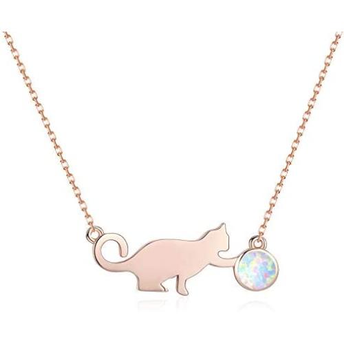 PRAYMOS Cat Necklace 925 Sterling Silver Synthetic Opal Necklace Cat Gifts for Cat Lovers