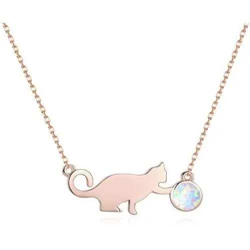 PRAYMOS Cat Necklace 925 Sterling Silver Synthetic Opal Necklace Cat Gifts for Cat Lovers