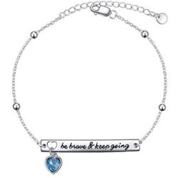 AOBOCO Sterling Silver Inspirational Bracelet for Women, Be Brave & Keep Going, Simulated Aquamarine Crystal from Austria, Anniversary Birthday Jewelry Gifts for Daughter Girlfriend Sister BFF