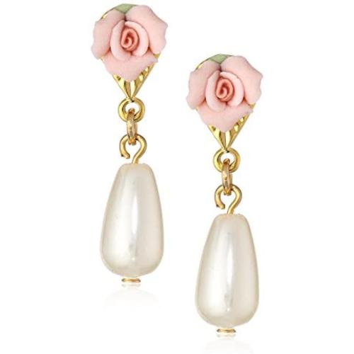 1928 Jewelry Porcelain Rose Pearl Drop Earrings