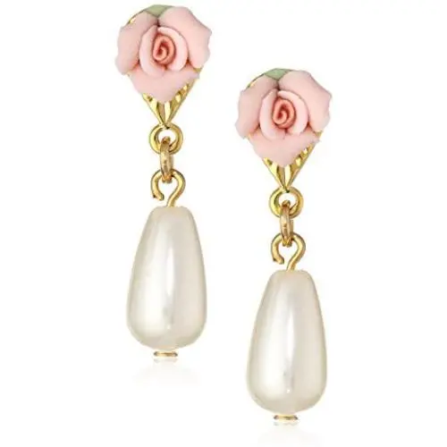 1928 Jewelry Porcelain Rose Pearl Drop Earrings 1928 Jewelry Porcelain Rose Pearl Drop Earrings