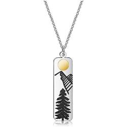 Detailed Gold Sun and Mountain Necklace with Pine Tree Adventure Travel Jewelry