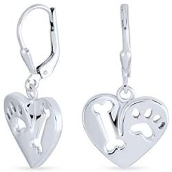 I Love My Dog Heart Shape Cut Out Puppy Pet Bone Animal Lover Paw Print Drop Leverback Earrings For Women 925 Sterling Silver