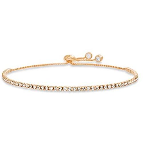 MIA SARINE Sterling Silver 2mm Round Crystal Adjustable Bolo Slider Tennis Bracelet for Women made with Crystals