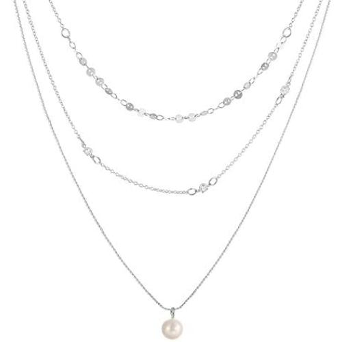 Multilayered Chain Necklace –Women’s Multi-Stand Bohemia Sequins Disc Choker Chain Gold Silver Triple Layered Minimalist Pearl Pendant Necklace Jewelry