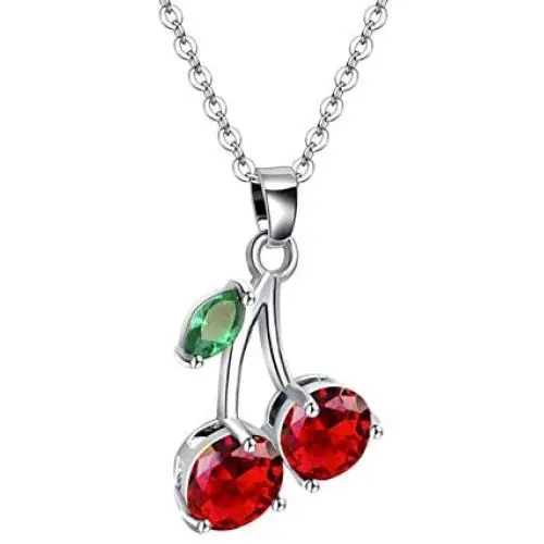 VONSSY Personalized Red Cherry Pendant Gold Necklace Flower Ruby Sweater Chain with 5A CZ Jewelry for Girl Women Wife Girlfriend Friends Gift