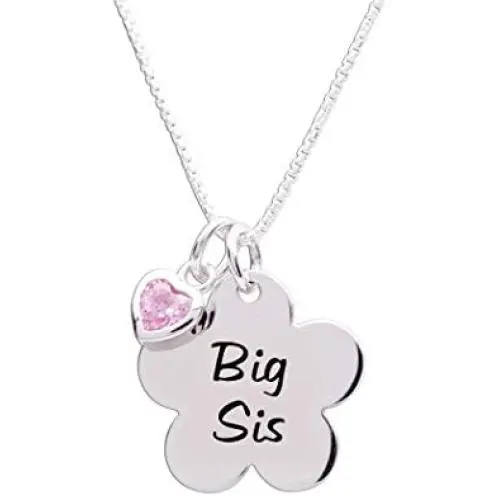 Girls''Big Sis'' or''Lil Sis'' Flower Necklace with Pink CZ Heart Charm, 14''